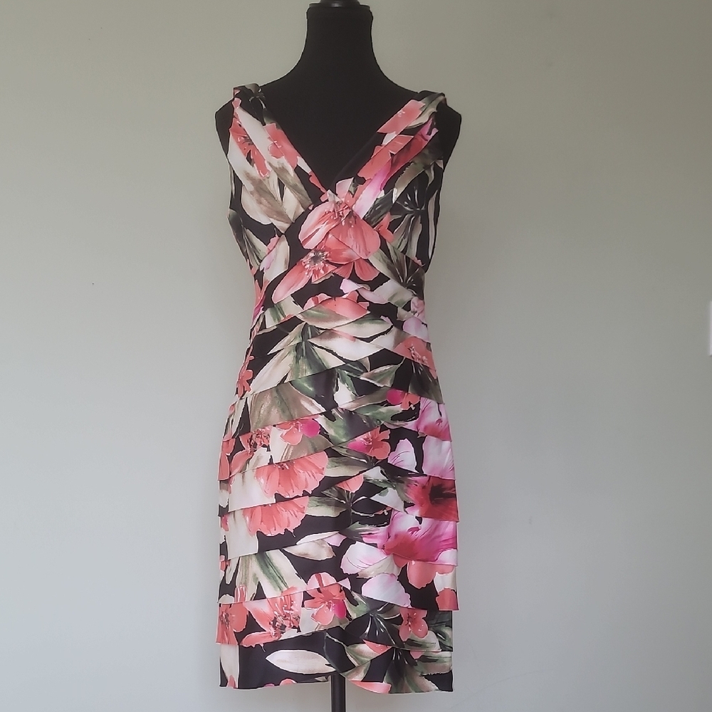 Connected Apparel Pink and Black Ruched Wrap Mini Dress